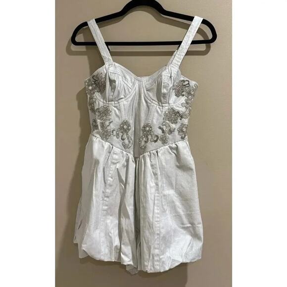 Free People Janelle Bubble Dress Denim Beaded Romper 0 NWT - Picture 5 of 11